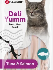 Flamingo Deli Yumm Fresh Meat Snack - tonhalas és lazacos püré macskáknak 5 x 14 g
