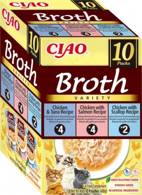 Inaba Cat Ciao Broth Variety - csirke-lazac, csirke-tonhal, csirke-fésűkagyló 10 x 40 g